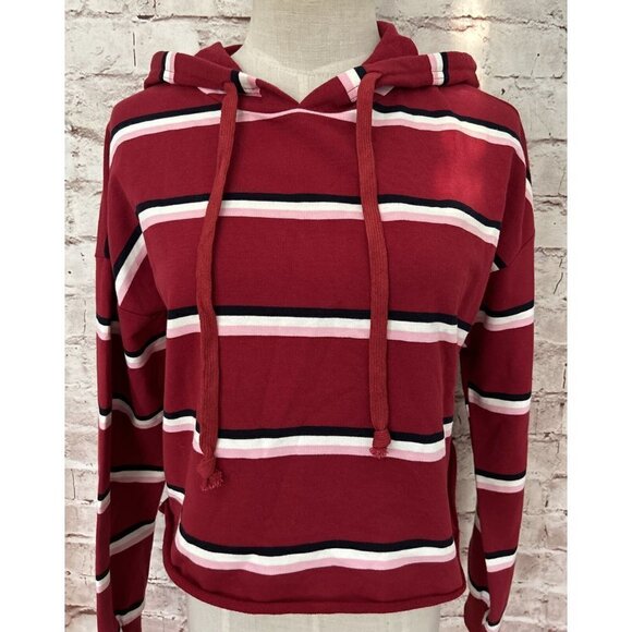 NEW Charlotte Russe Women's Small Cropped Hoodie Pullover Knit Red Striped - Picture 2 of 4